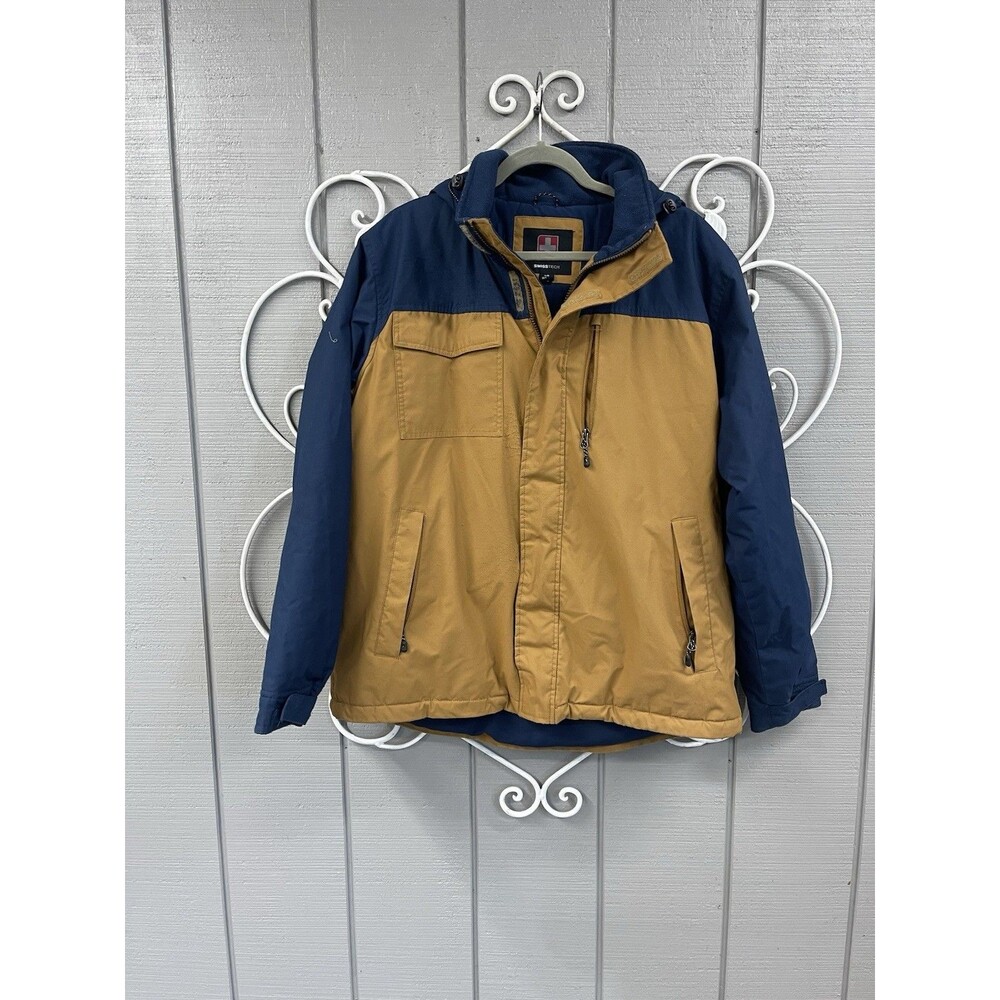 Swiss Tech Men's Hooded Jacket Large Mustard/Navy Blue Color Midweight Jacket